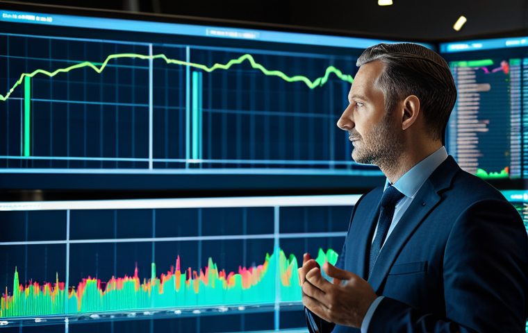 A focused financial professional, a man in his late 30s, dressed in a sharp, modest business suit, standing in a sophisticated, minimalist trading room. Behind him, transparent, glowing holographic screens display complex, dynamic financial data visualizations, depicting fluctuating interest rates and bond market curves. The screens show rising and falling lines symbolizing the psychological waves and opportunities in the market. The room is modern with subtle blue and green lighting, suggesting data flow and strategic analysis. High-resolution professional photography, natural pose, perfect anatomy, correct proportions, well-formed hands, proper finger count, natural body proportions, strong composition, precise details, safe for work, appropriate content, fully clothed, professional.