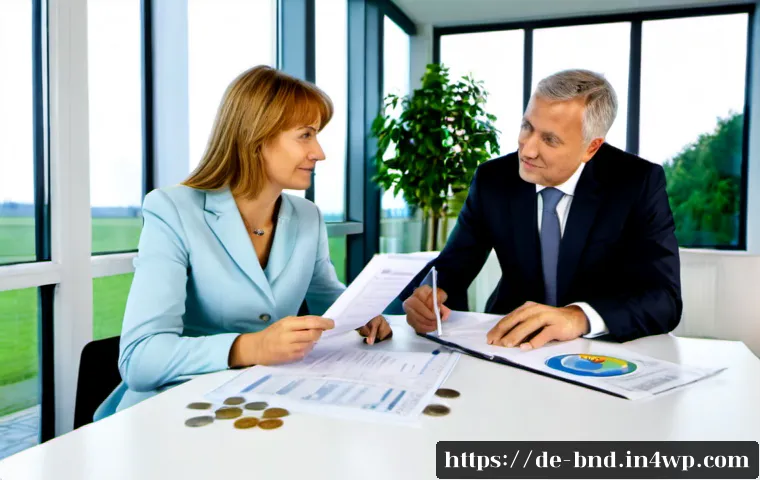 ESG 채권 투자에 대한 이해 - Photorealistic German financial advisor and middle-aged couple reviewing sustainable bond investment...